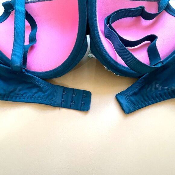 Victoria's Secret Pink Bra 34DD Date Push Up Blue Green Palm Leaf Fern Floral - Picture 2 of 7